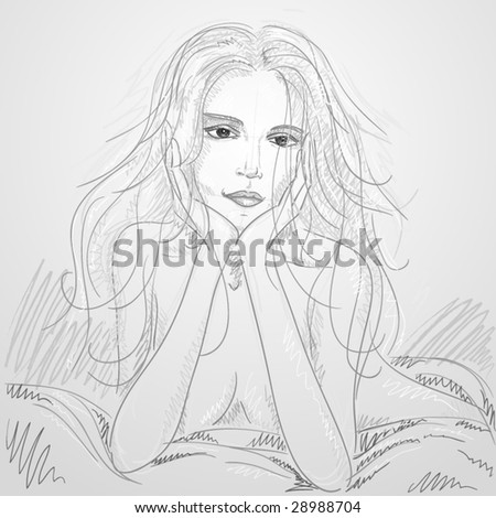 Black And White Vector Drawing Of A Young Woman With Bed Hair ...