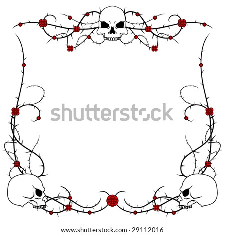 stock vector Skulls with rose and thorn bramble vector border design