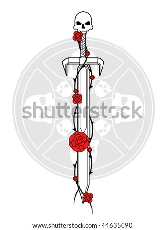 stock vector Sword shield skull and roses tattoo design rose tattoo sketch