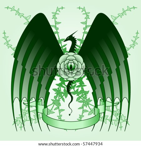stock vector : Stylized tattoo design featuring dragon and rose vines