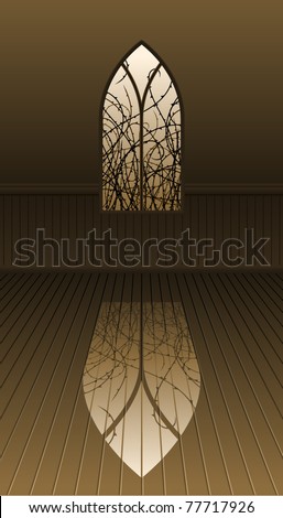 A gothic window with thorns at evening time in sepia tones