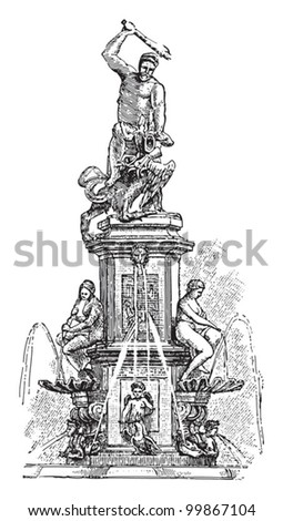 Hercules fountain in Augsburg (Germany) / vintage illustration from Meyers Konversations-Lexikon 1897
