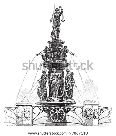 Fountain of Virtue in Nuremberg (Germany) / vintage illustration from Meyers Konversations-Lexikon 1897