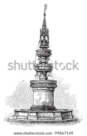 Fountain in Braunschweig (Germany) / vintage illustration from Meyers Konversations-Lexikon 1897