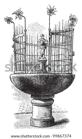 Gooseherd Fountain in Nuremberg (Germany) / vintage illustration from Meyers Konversations-Lexikon 1897