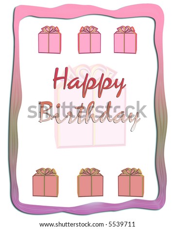 Happy Birthday card with presents and ribbon border