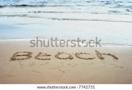 Word Beach Written In Sand At The Ocean