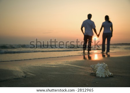 stock photo : Back view of mid-adult couple holding hands walking on beach 