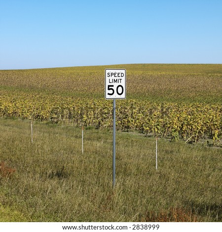 Speed limit sign in front of rural field of crops.
