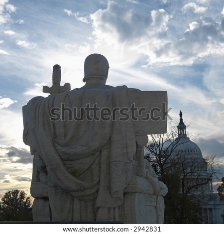 Back view of Authority of Law sculpture in front of Supreme Court building with in Washington D.C.