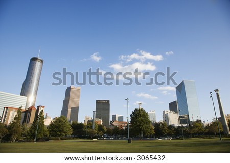 Skyline behind Centennial Olympic Park in downtown Atlanta, Georgia.