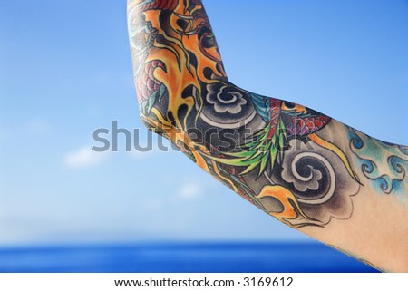 stock photo : Close up of tattooed woman's arm with Pacific Ocean in
