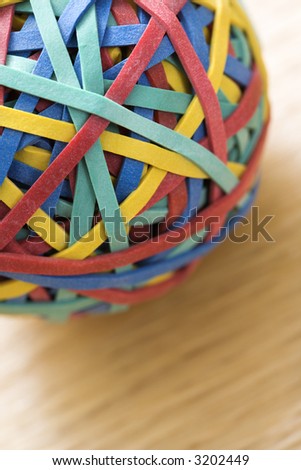 Still life of colorful rubber band ball.