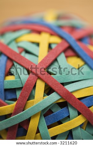 Still life of colorful rubber band ball.