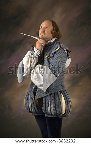 William Shakespeare in period clothing holding feather pen with thoughtful expression.