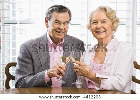 Mature Caucasian couple toasting wine glasses.