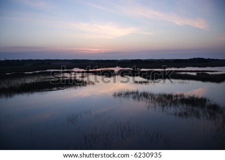 Sky reflecting in water in marsh area on Bald Head Island, North Carolina.