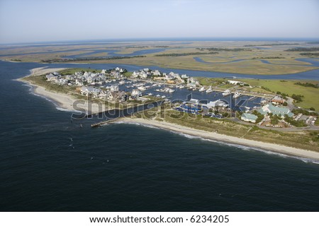 Aerial view of marina on Bald Head Island, North Carolina.