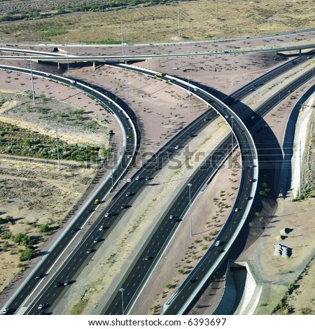 Aerial of route 101 and route 51 highways and overpass in Arizona.