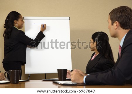 Businesspeople sitting at conference table  while businesswoman gives presentation.
