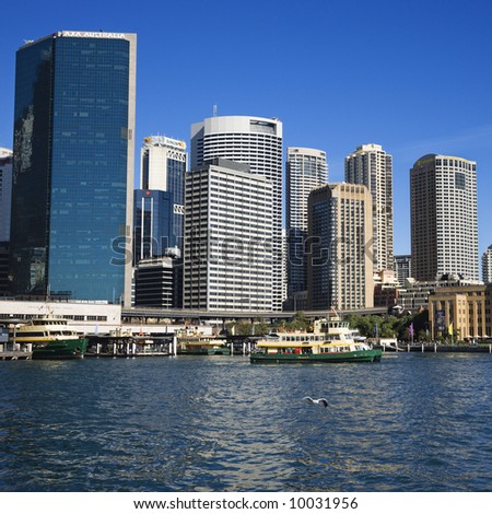Downtown view of Sydney, Australia with boats in harbour.