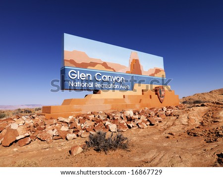 Landscape of Glen Canyon National Recreation entrance sign in Arizona, United States.