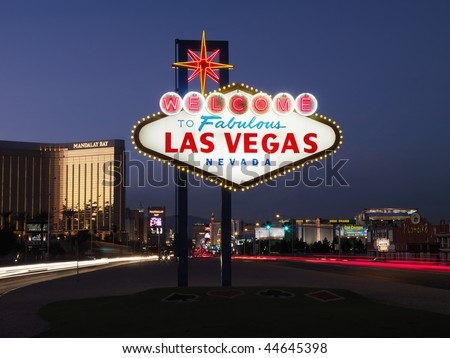 las vegas nevada sign. stock photo : Lighted sign reading Welcome to Fabulous Las Vegas Nevada at dusk. Horizontally