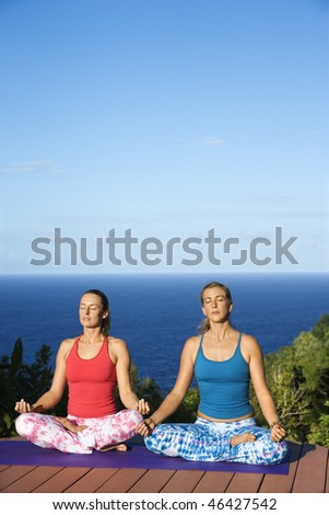 Attractive young women sit on an exercise mat doing yoga on a deck with the ocean in the background. Vertical shot.