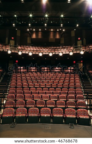 Rows of empty seats in theater seen from stage. Vertical shot.