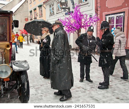 RIGA, LATVIA - January 4: Book character Conan Doyle\'s birthday January 4, 2015  Sherlock Holmes on the streets of Riga, Latvia