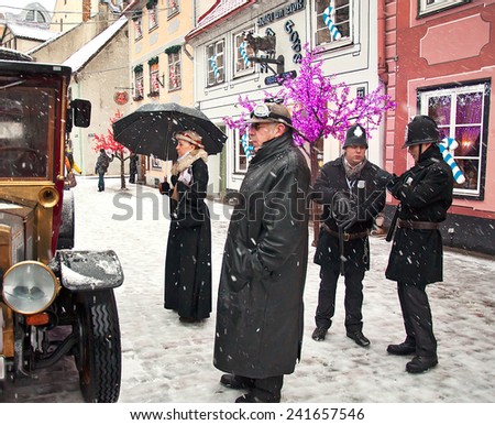 RIGA, LATVIA - January 4: Book character Conan Doyle\'s birthday January 4, 2015  Sherlock Holmes on the streets of Riga, Latvia