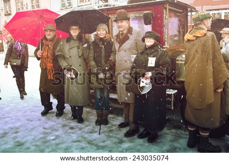 RIGA, LATVIA - January 4: Interview the characters of books Conan Doyle\'s birthday January 4, 2015  Sherlock Holmes on the streets of Riga, Latvia