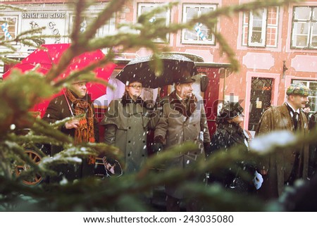 RIGA, LATVIA - January 4: photoshoot with heroes of books Conan Doyle\'s birthday January 4, 2015  Sherlock Holmes on the streets of Riga, Latvia