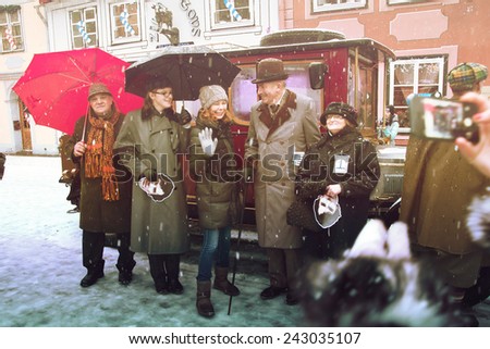 RIGA, LATVIA - January 4: photoshoot with heroes of books Conan Doyle\'s birthday January 4, 2015  Sherlock Holmes on the streets of Riga, Latvia