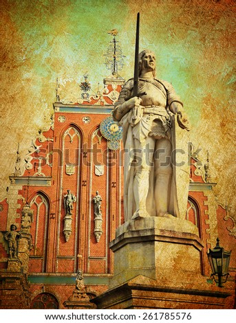 vintage style painting the city of Riga Roland on the town hall square in Riga
