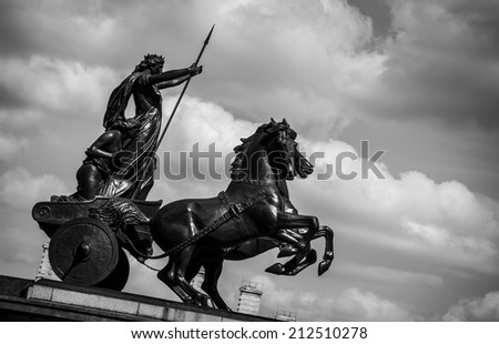LONDON, UK - MAY 25, 2014: Queen Boudica Monument at Westminster Pier in Central London. Processed in black and white.