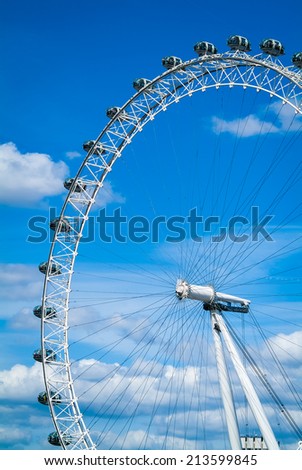 LONDON, UK - JUNE 08, 2014: Famous UK attraction, the London Eye, carrying passengers to observe the panoramas of London.