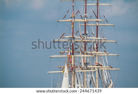 LONDON, UK - SEPTEMBER 9TH, 2014: close-up photo of one of the ships sailing on the River Thames as part of the Greenwich Tall Ship Festival Regatta in London.