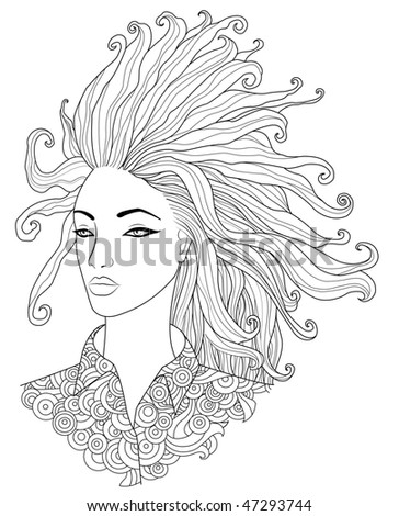 outlined portrait of a beautiful girl with posh curly hair