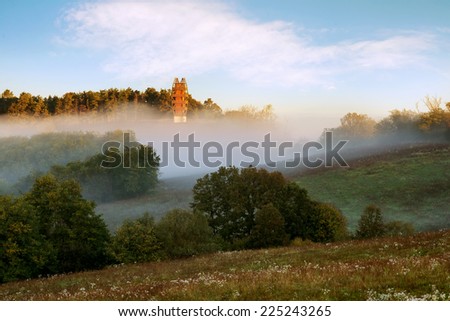 Beautiful autumn picture, the forest was covered in fog