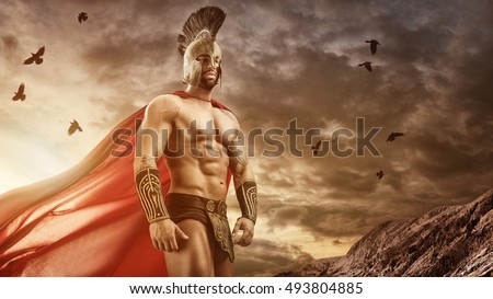 Medieval warrior standing in front of the gloomy clouds