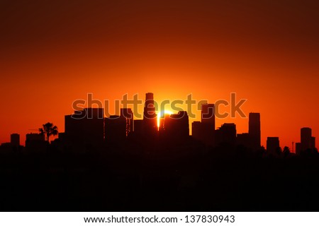 Los Angeles city skyline sunrise.