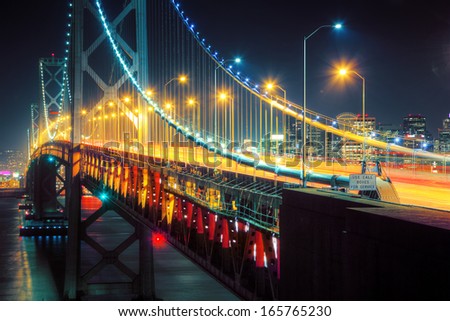 Bay Bridge Perspective At Night. San Francisco, California.