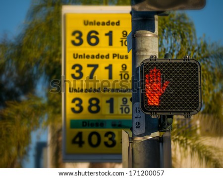 Gas station prices in Los Angeles, California.