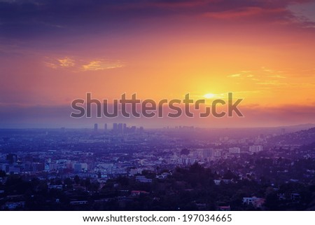 Los Angeles sunset . Aerial view over Hollywood and Century City.