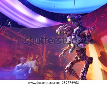 LOS ANGELES - June 17, 2015: Doom game photo op at the E3 2015 expo in Convention Center. Electronic Entertainment Expo, commonly known as E3, is an annual trade fair for the video game industry.