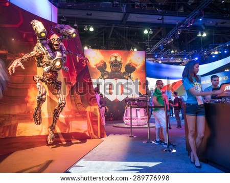 LOS ANGELES - June 17, 2015: Doom game booth at the E3 2015 expo in Convention Center. Electronic Entertainment Expo, commonly known as E3, is an annual trade fair for the video game industry.
