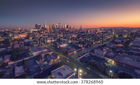 City of Los Angeles cityscape skyline scenic aerial view at sunset.
