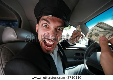Angry driver with dollar bills.