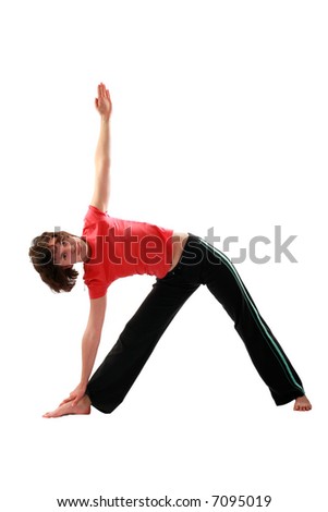 Yoga poses series. Trikonasana. The Triangle Pose. Isolated on white background.